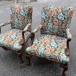 Delivery Available! $150 for both! Two Ornate Wood Framed Tropical Floral Upholstered Arm Accent Chairs!  30x28x38in Seat Height 18in