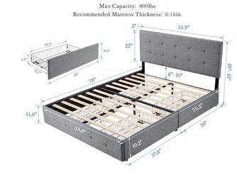 Gray Upholstered Bed Frame with 4 Storage Drawers (Offers are available! 💕)