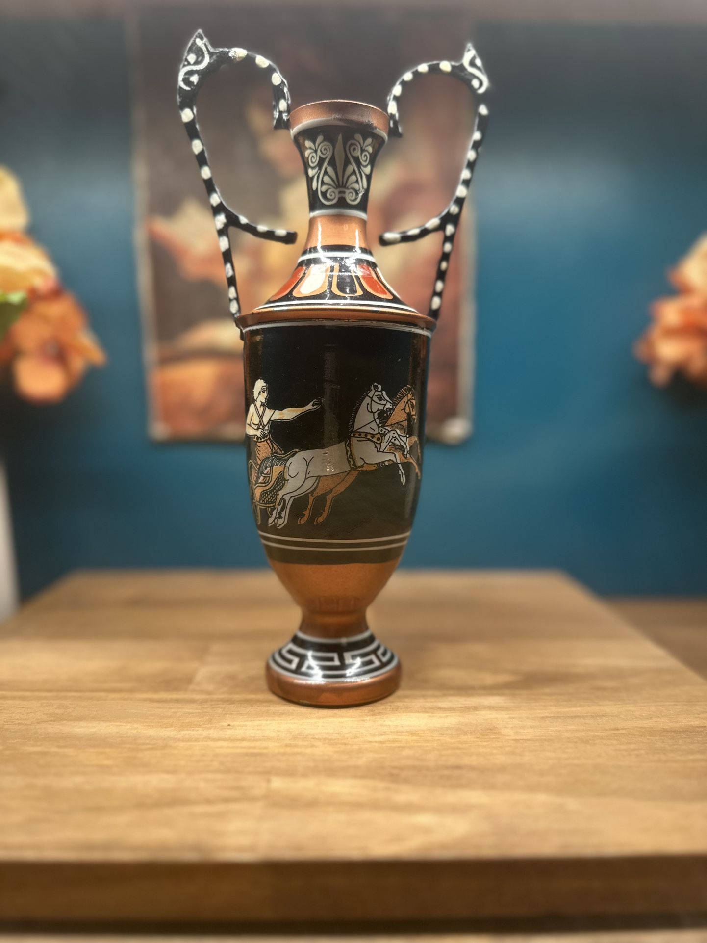 Rare Vintage Greek Copper Vase Hand Made + Painted in Greece