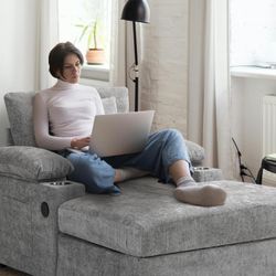 New Heavy Duty SUNWAVE Chaise Lounge Chair with Ottoman, Chenille Fabric Sofa Bed, Accent Chair with Cupholders & USB Charging Ports for Living Room, 