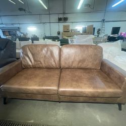 Loveseat Sofa, Faux Leather Love Seat Couch, Mid Century Modern Couch with Solid Wooden Frame for Living Room & Bedroom in Small Spaces, Brown 🔥$299