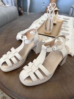White Leather Platform Block Heel Sandals
