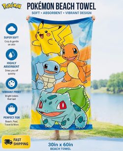 Cute Pokémon Beach Towel 30” x 60” 🌞🌊