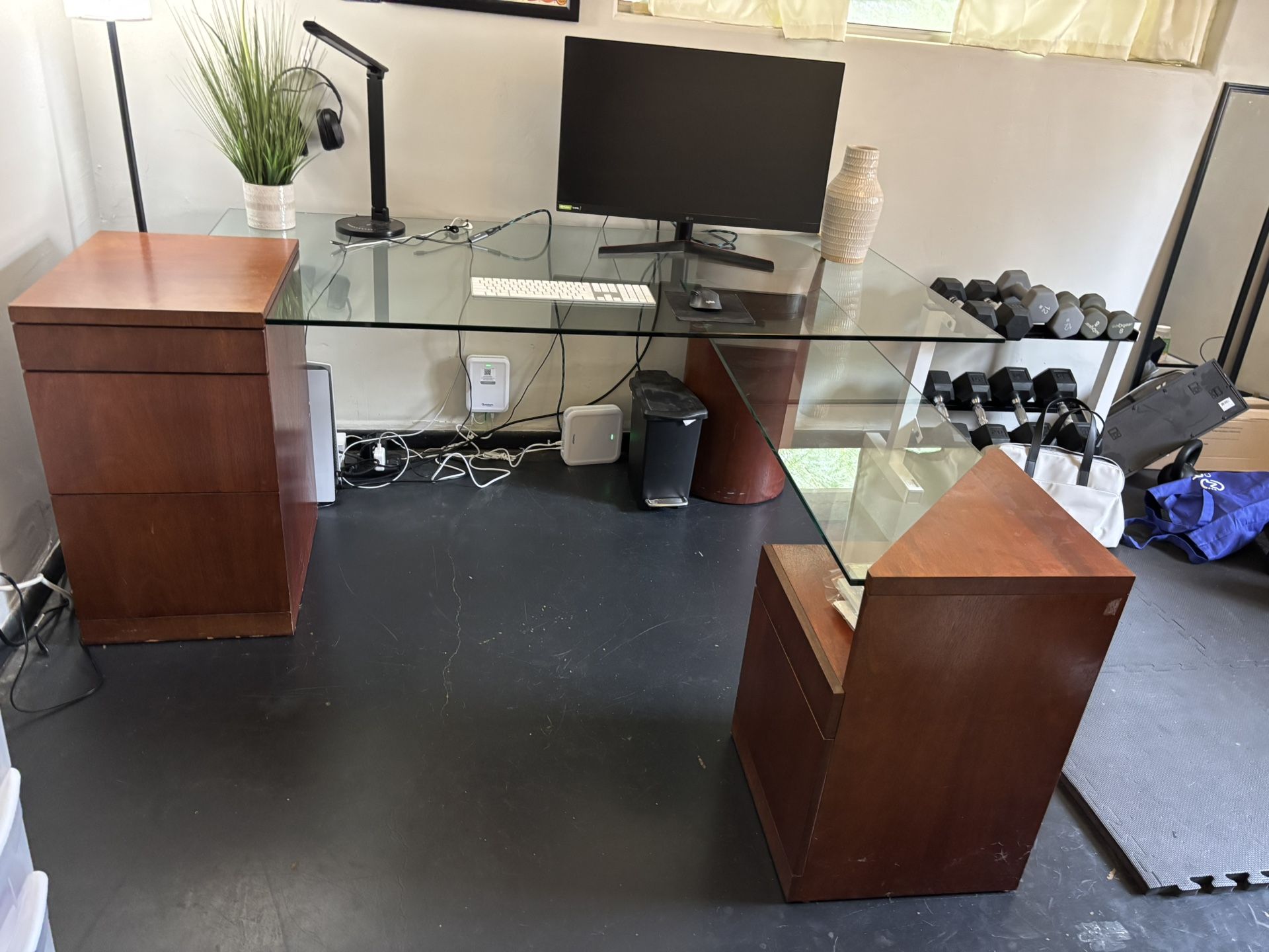 Two-Tiered Glass Desk With Drawer Storage