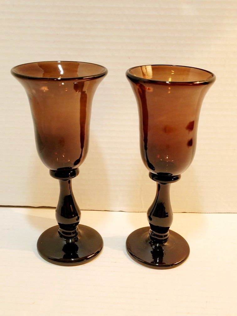 2 Purple Amethyst Art Glass Wine Goblets Signed