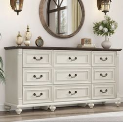9 Drawer Dressers for Bedroom, Farmhouse Dresser with 6 Solid Wood feet, 63" Wide White Dresser Wooden Dresser Rustic Chest of Drawers Long Dresser