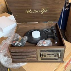 Retrolife® Vinyl Record Player 10-in-1 Music Center Vintage Turntable,Black Built-in Speakers,3 Speed,BT Wireless Input Output,CD Tape Cass
