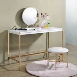 ART DECO INSPO WHITE GOLD FINISH 3 PIECE VANITY MAKEUP TABLE MIRROR STOOL SET - TOCADOR ESPEJO BANCO