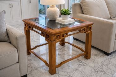 Glass-Top Wood Side Table – Unique Carved Design