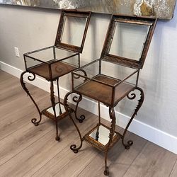 TWO Antique Glass & Bronze Iron Two Tier Bijouterie Display Tables- Curio Display Tables