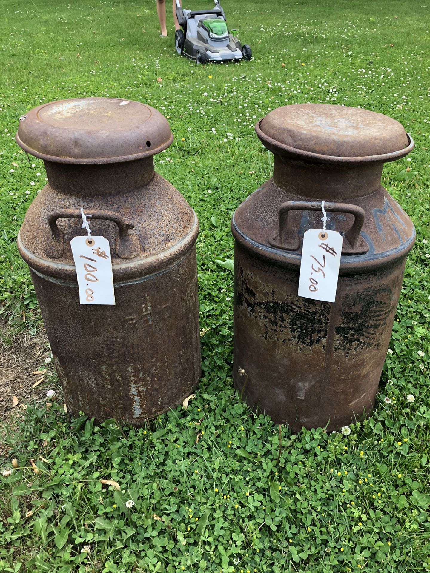 Antique Vintage Metal Milk Jugs With Patina Only Two Left
