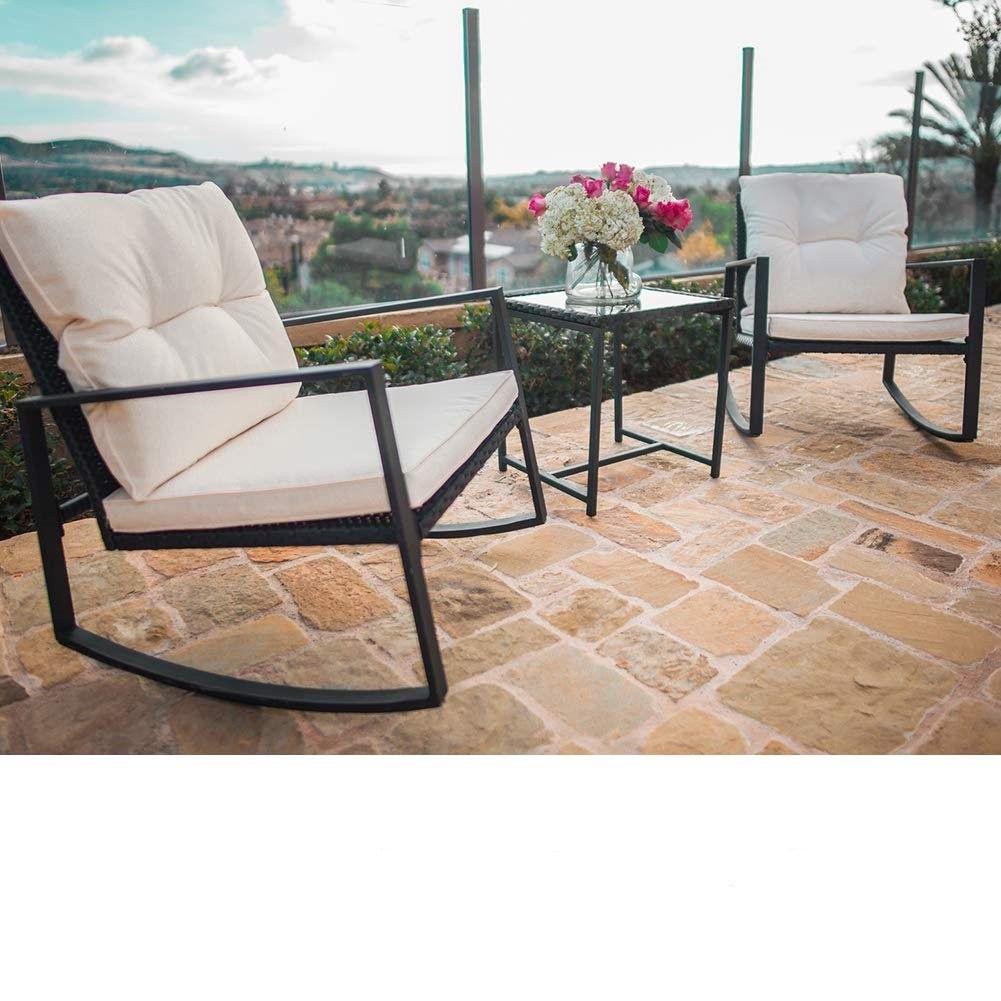 3-Piece Outdoor Patio Wicker Bistro Rocking Chair Set - Two Chairs with Glass Coffee Table