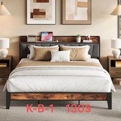 （K-B-1）King Size Bed Frame, Storage Headboard with Charging Station（K-008-1）