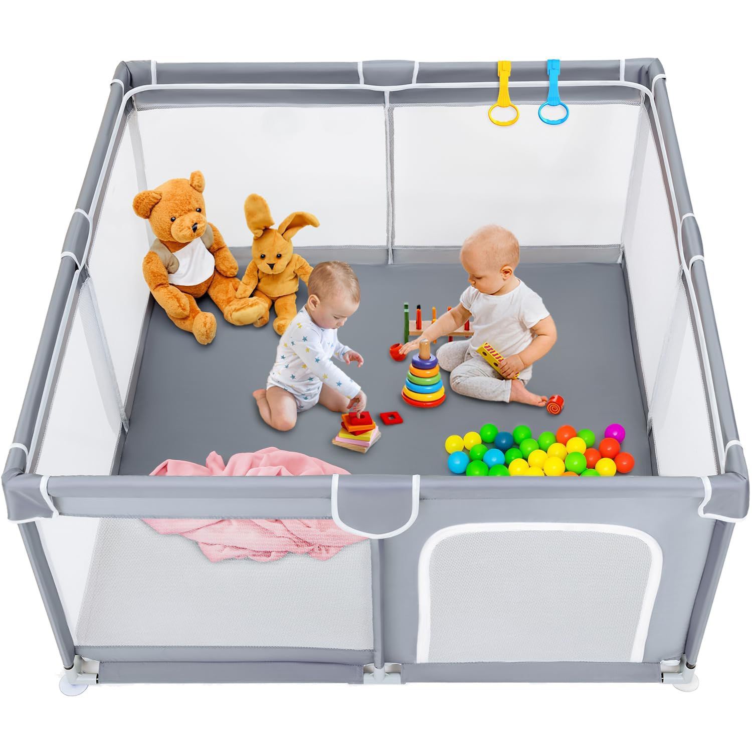 TODALE Baby Playpen 50”×50” Gray Playpen for Babies and Toddlers, Safe & Sturdy, Small Baby Play Yard with Anti-Slip Base & Breathable Mesh- Indoor & 