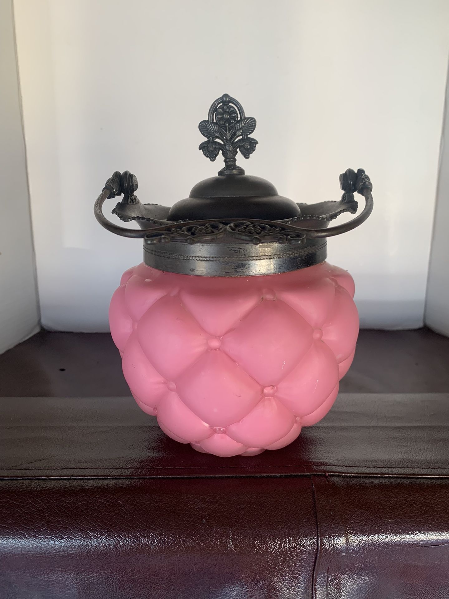 CONSOLIDATED Antique PINK SATIN GLASS QUILTED Biscuit Jar with Lid