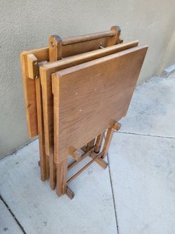 Set of 3 wooden wood tv dinner sofa folding tray tables plus stand