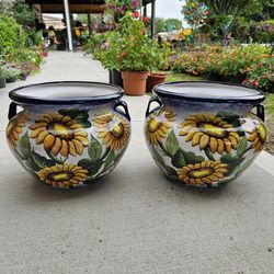 Authentic Mayolica Talavera Blue Sunflower Clay Pots (Planters) Plants. Pottery $65 cada una.