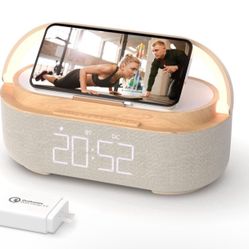 COLSUR Bluetooth Speaker Alarm Clock with Wireless Charger, FM Radio, Adjustable LED Night Light, 6 in 1 Bedroom Portable Speaker 2500mAh, Phone Stand