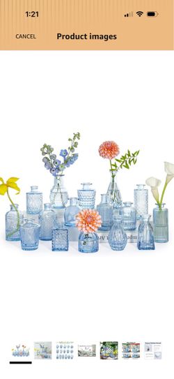 16P Blue Glass Bud Vases, Small Flower Vases for Table Centerpieces Cute Mini Vintage Vases in Bulk for Wedding Decoration, Baby Shower, Home Decor, T