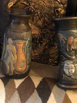 TWO SIGNED Ceramic Vases with Relief Figures
