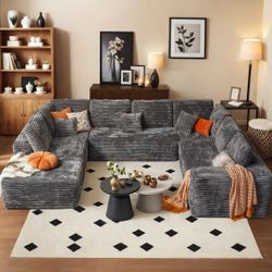 ovios Sectional Cloud Couch for Living Room, Modular Floor Sofa with Plush Corduroy, No Assembly Required, Big Comfy Couches Set with Fluffy Memory Fo