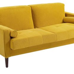 Yellow  Corduroy Fabric  63" Modern Love Seat Corduroy 2 Seater Couches w/Bolster Pillows for Living Room