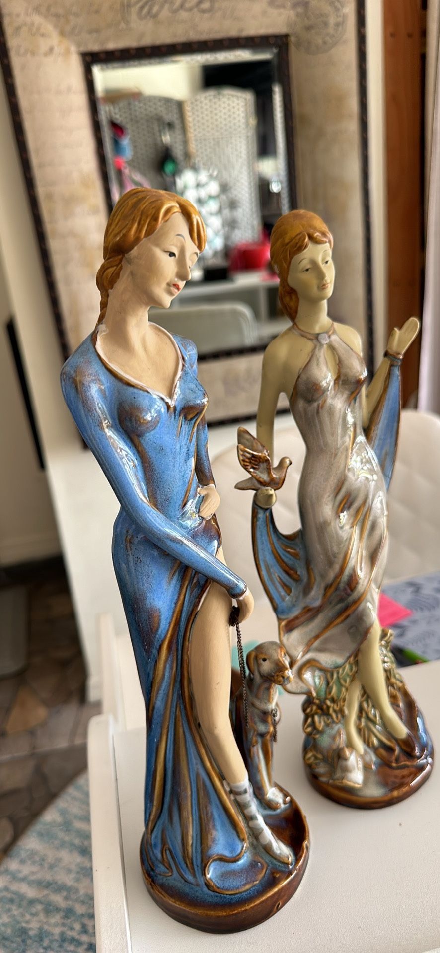 2- collectible -fine Elegant porcelain figurines ladies $11each. Tall 13in W4.5in