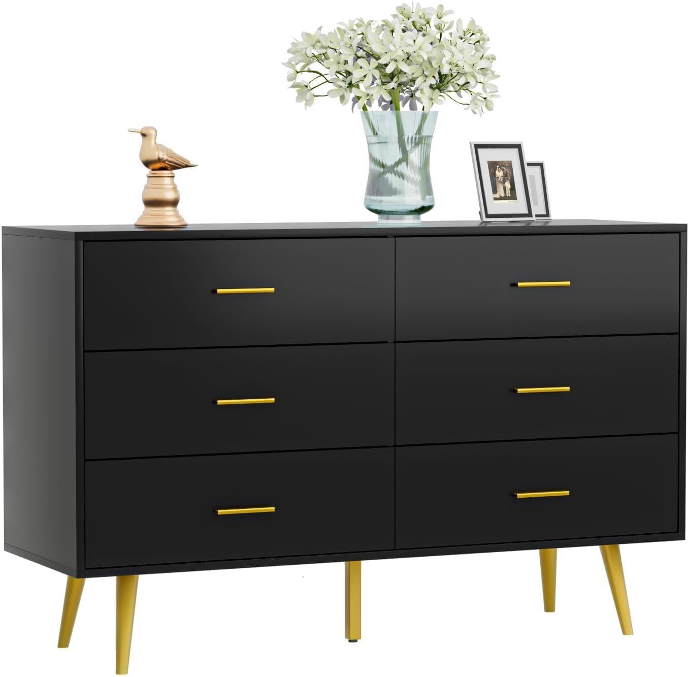 CARPETNAL Black Dresser for Bedroom, 6 Drawer Dresser with Wide Drawers and Gold Metal Handles