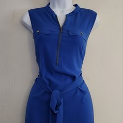 Unique Spectrum Sleeveless, front zipper Tank Top Blouse with belt size: S Color : Royal Blue 