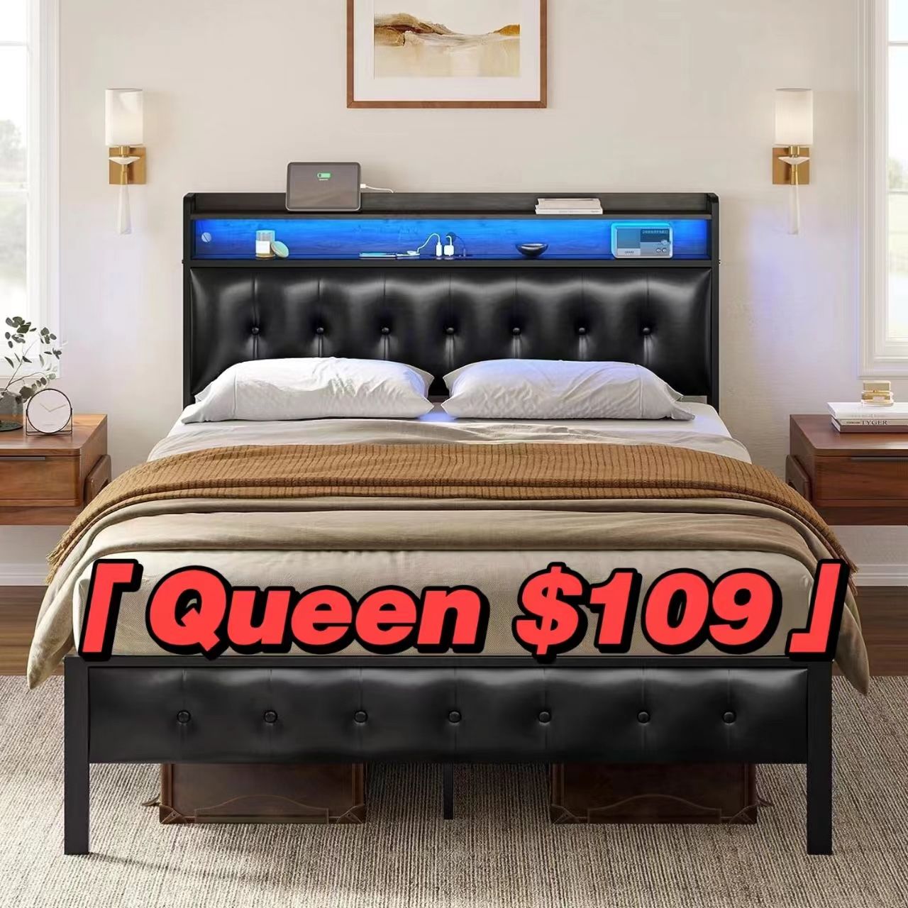 Queen Bed Frame with Storage Headboard & Footboard Upholstered Platform Bed with LED Lights USB Ports & Outlets No Box Spring Needed