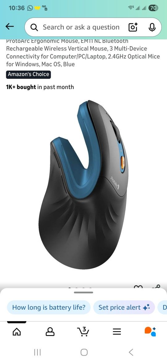 ProtoArc Ergonomic Mouse, EM11 NL Bluetooth Rechargeable Wireless Vertical Mouse, 3 Multi-Device Connectivity for Computer/PC/Laptop, 2.4GHz Optical M
