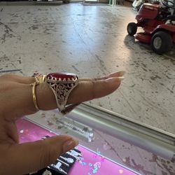 Big Red Stone Ring With Flower Design 