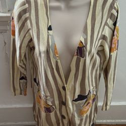 Anthropologie Sparrow Women’s Floral Yellow Striped 100% Cotton Cardigan, size S 