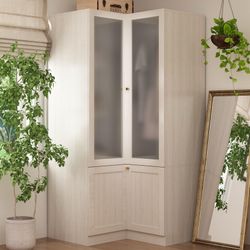 Corner Wardrobe Cabinet, Modern Wood Armoire Closet with Frosted Glass Doors, Bedroom Wardrobe with Shelves & Hanging Rod for Storage Organize, Wood G