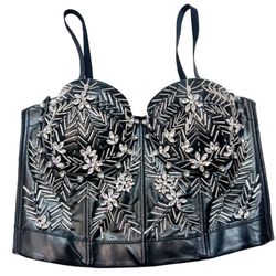 Windsor Halter Corset Top Small PU Leather Spaghetti Strap Beaded Rhinestoned