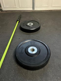 NEW bumper plates 45s and 2" barbell 7ft/45lbs