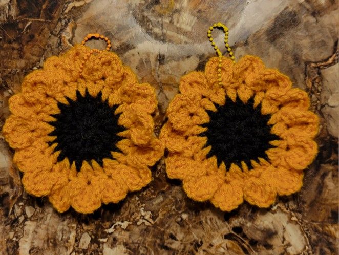 approximately 5" crocheted Sunflower keychain, backpack or purse accessory, ornament, etc. $2 each.