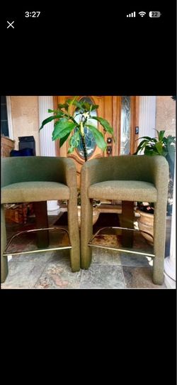 Modern Olive Green Bouclé Bar Stools – Set of 2 – Gold Footrest