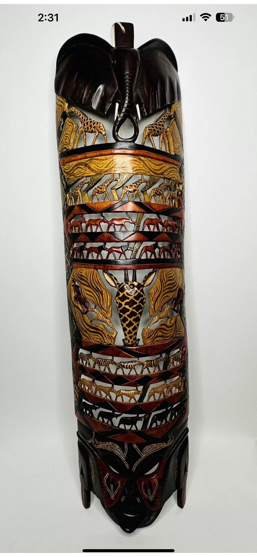 Kenya Maasai Hand Carved Wood Tribal Mask Wall Art Decor Large Animals Mahogany