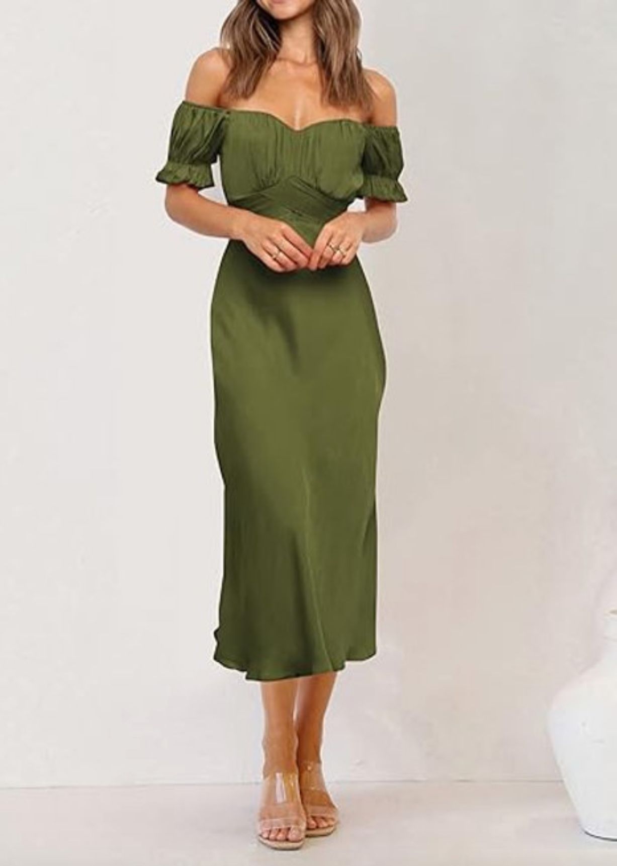 Brand New Size (Medium) Satin Midi Dress Off Shoulder Wrap Ruched Party Formal Dress