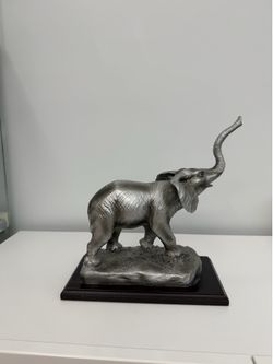 Silver Elephant Statue Decor – Safari Style Figurine on Wood Base