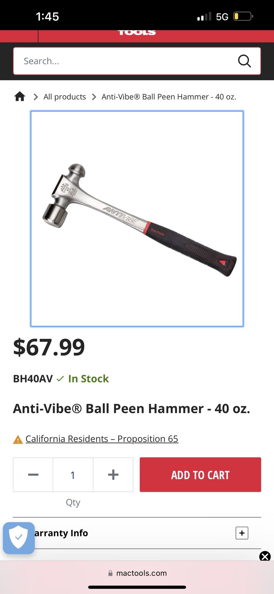Mac Tools Anti Vibe® Ball Peen Hammer 32 oz.