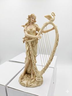 Elegant Vintage Resin Lady with Swan Harp Statue - Ivory Finish