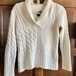 Classic Cable-Knit Shawl Collar Sweater • Petite Small • Cream 
