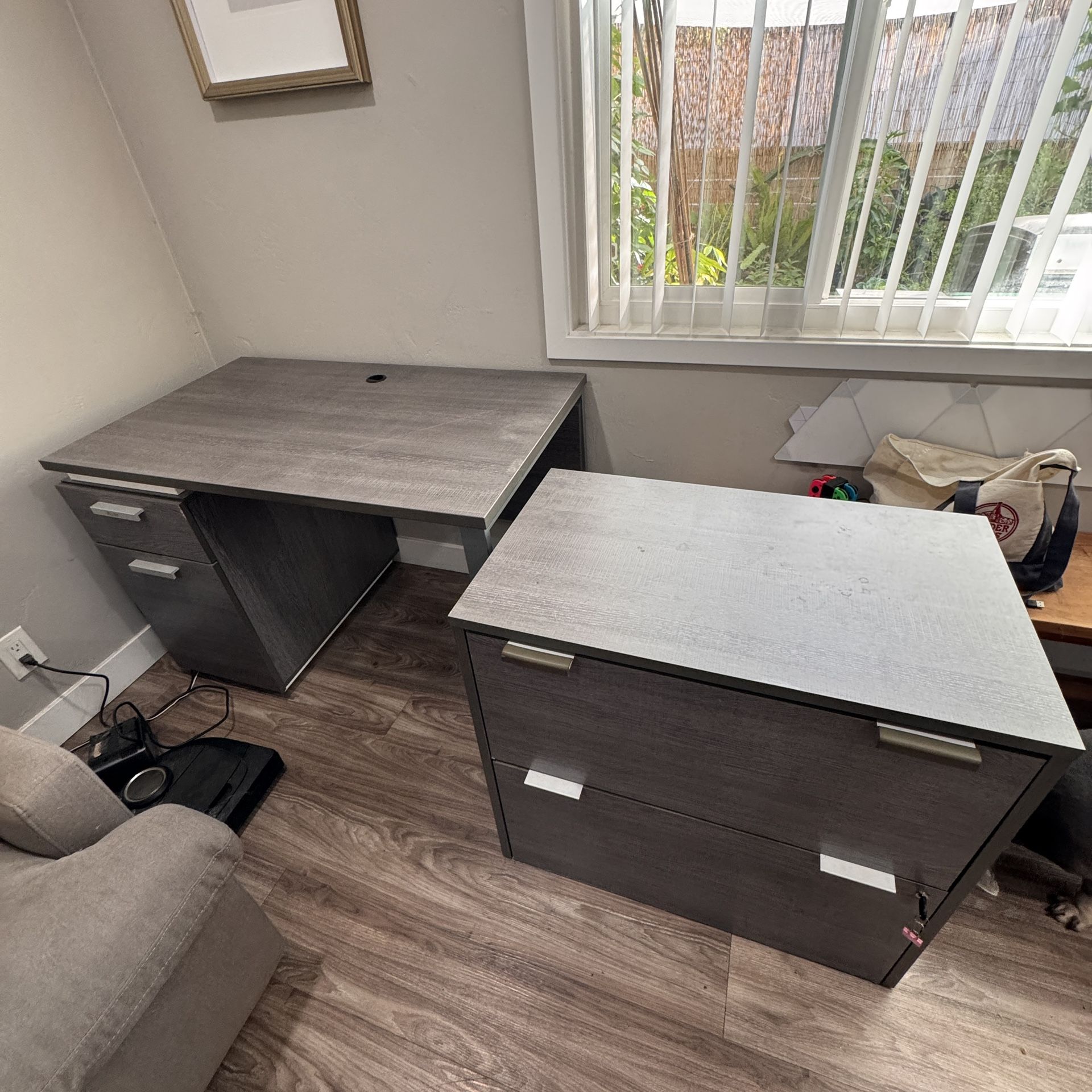 Grey Desk And File Cabinet