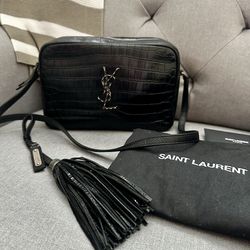 Saint Laurent Black Croc-Embossed camera crossbody bag