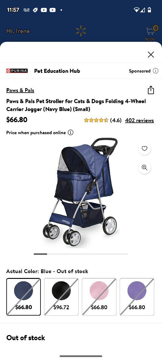 Paws & Pals Pet Stroller for Cats & Dogs Folding 4-Wheel Carrier Jogger (Navy Blue) (Smal)
