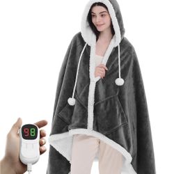 Heated Electric Blanket Shawl: Heating Throw Heated Poncho - Wearable Blanket Hoodie Wrap Sherpa with 10 Heat Levels & Multi Heating Time Settings (40