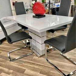 White Glossy Dining Table Set 4 Chairs New 63x35
