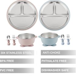 PandaEar 8PCS Baby Feeding Set | Stainless Steel Suction Plates and Bowls with Silicone Fork and Spoon Utensils | Baby Led Weaning Tableware for Toddl